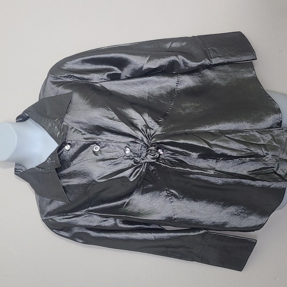 Metallic Blouse Shacket Long Sleeve Satin Tie Crystal Collar Buttons Whimsigoth - Picture 1 of 7